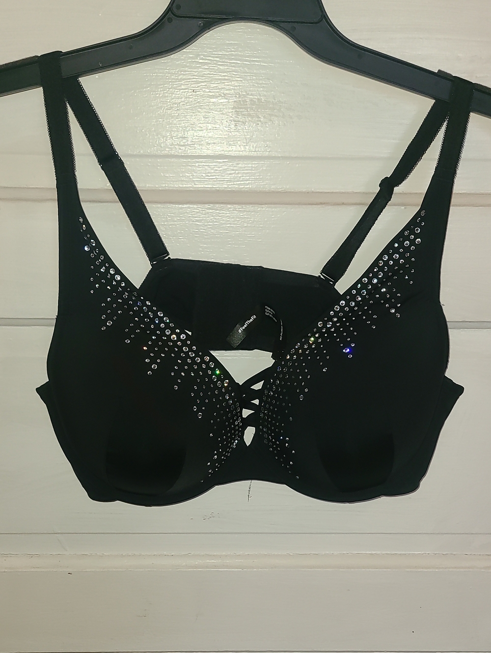 Crystal-Embellished Black Push-Up Bra with Lace-Up Detail
